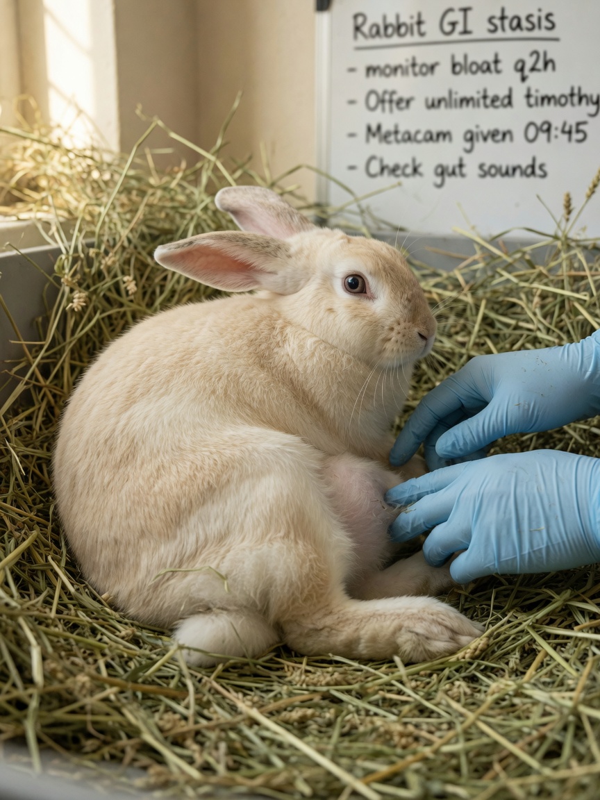 Coniglio malato in postura rannicchiata con addome gonfio sottoposto a esame veterinario circondato da fieno fresco