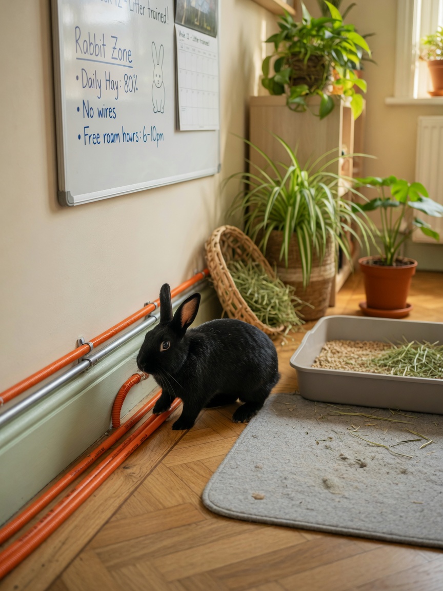 Schwarzes Kaninchen erkundet drinnen einen Raum mit geschützten Kabeln, Katzenklo und sichtbarem sicheren Bodenbelag