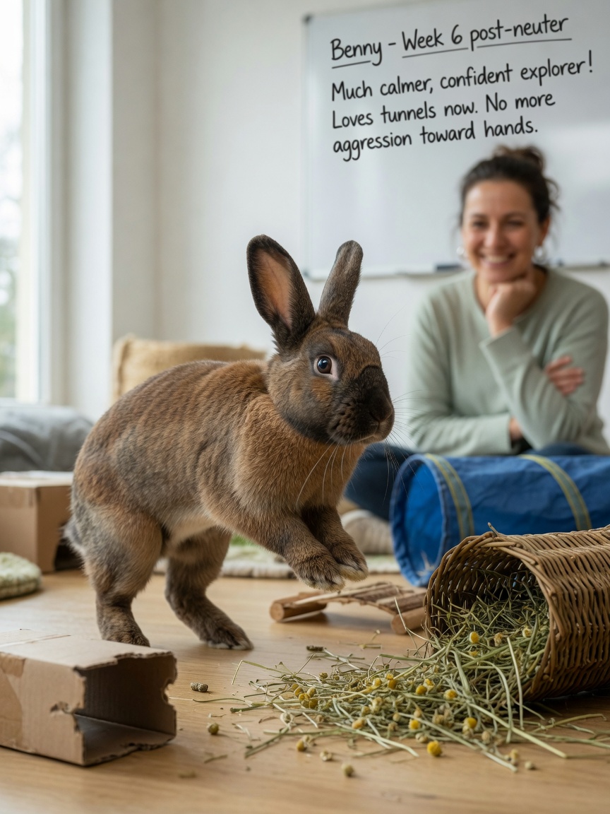 Een gesteriliseerd konijn dat rustig, nieuwsgierig gedrag vertoont tijdens binnenexploratie en verrijkingsspel.