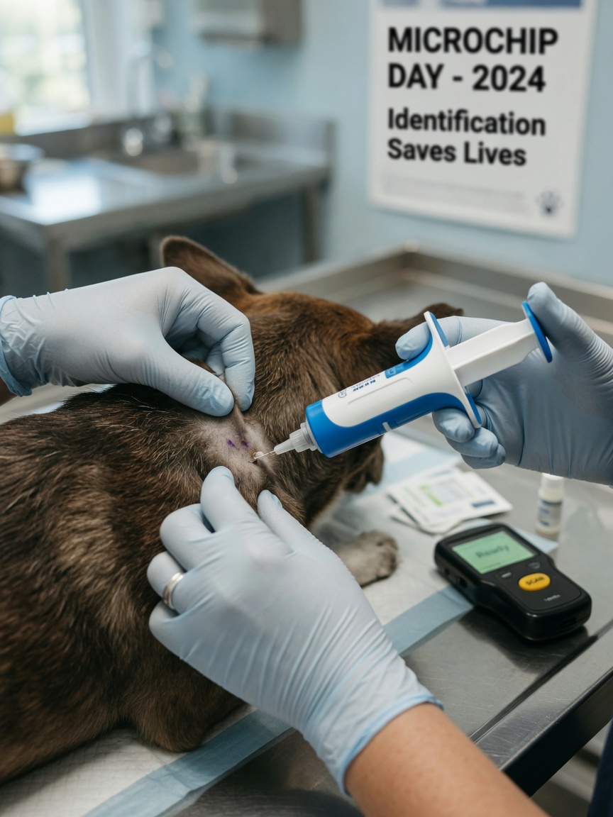 Veterinarian implanting microchip into dog's neck during travel preparation procedure