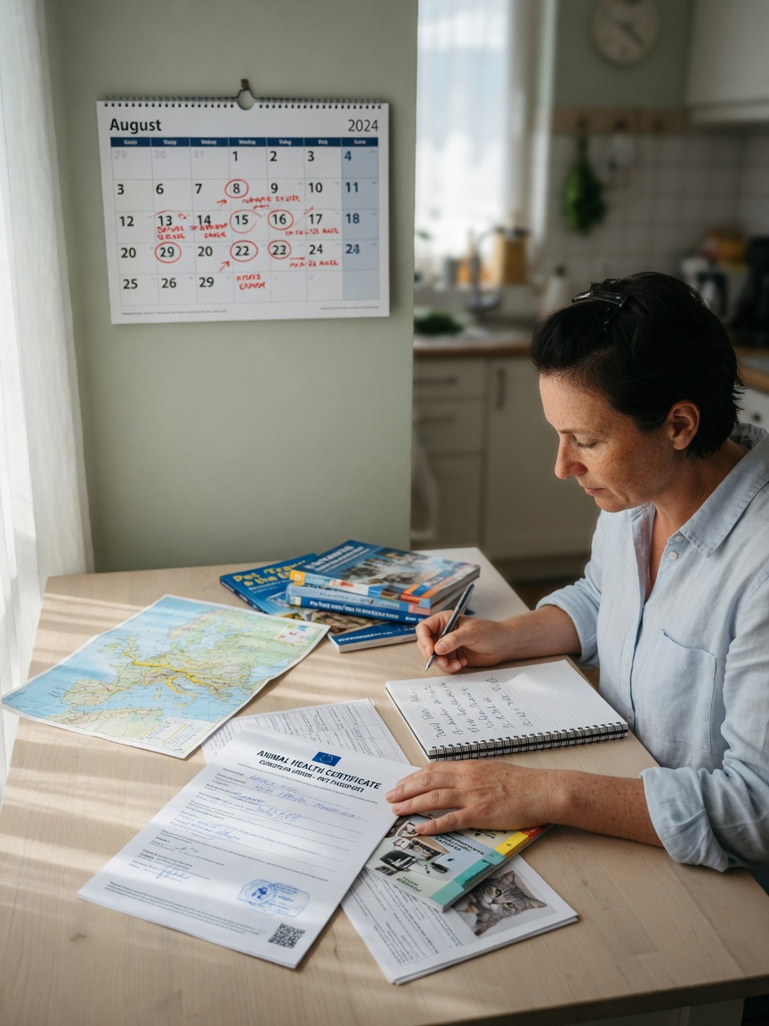 Pet owner organizing travel documentation and planning vaccination timeline for international pet travel