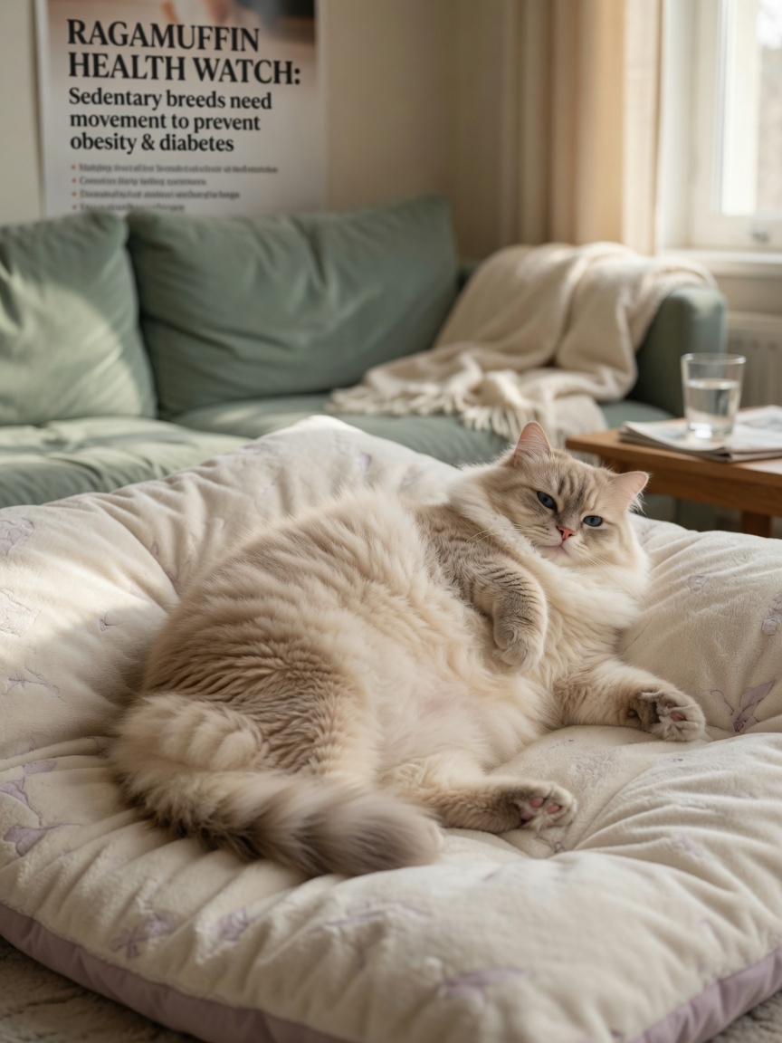 A plump Ragamuffin cat with cream-colored semi-long coat relaxing on soft bedding, illustrating the breed's tendency toward weight gain and sedentary behavior