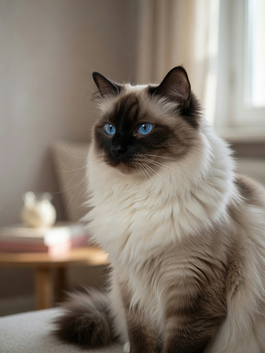 Portrait of a blue-eyed Ragdoll cat with color-point coat markings, showing the breed's large size and silky long fur in natural home lighting