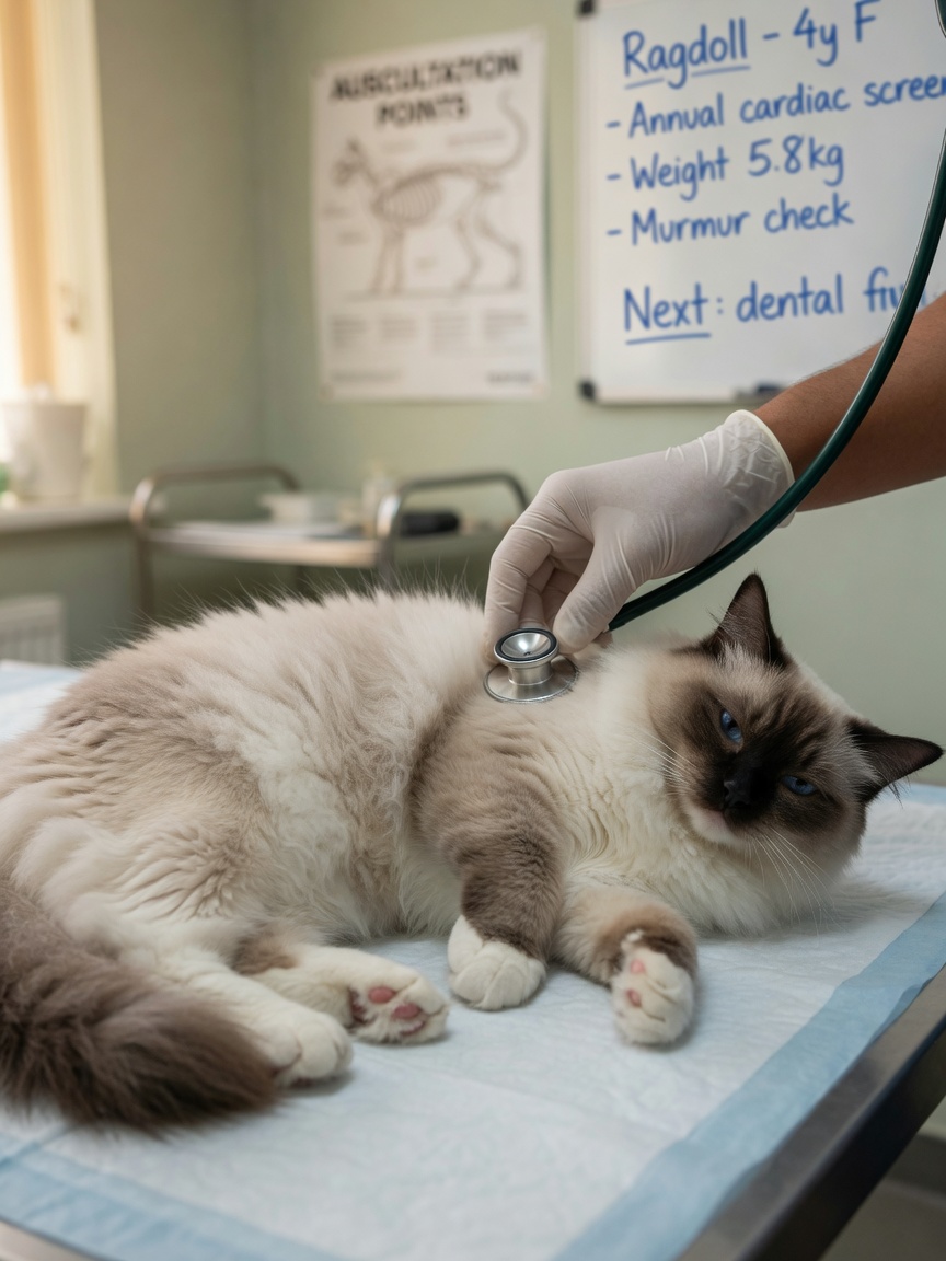 A relaxed Ragdoll cat undergoing cardiac examination with a veterinarian using a stethoscope during a health check, demonstrating the breed's gentle temperament