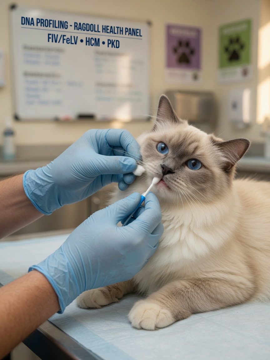 Veterinarian performing DNA cheek swab test on Ragdoll cat