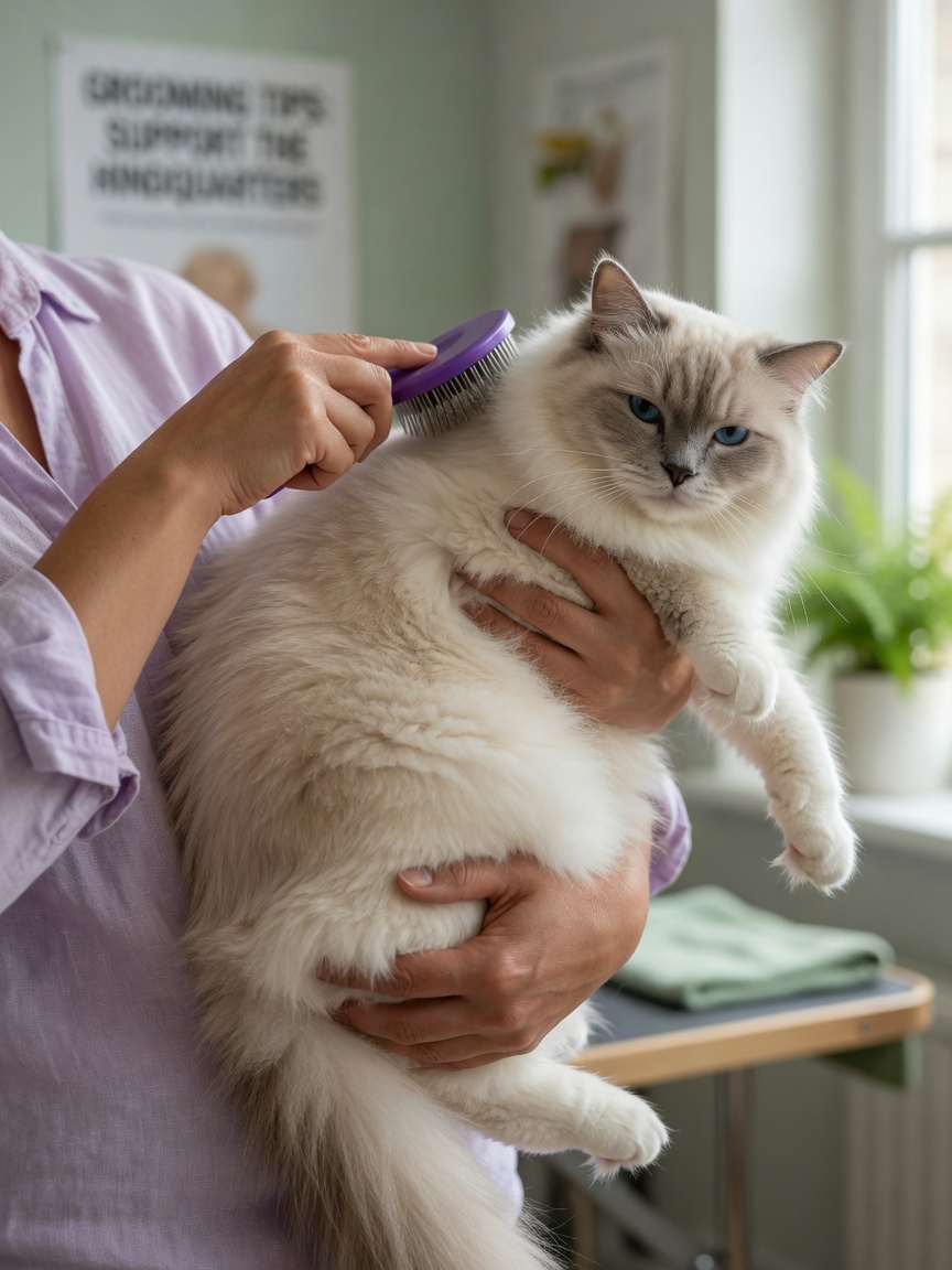 Owner properly supporting Ragdoll cat during grooming session
