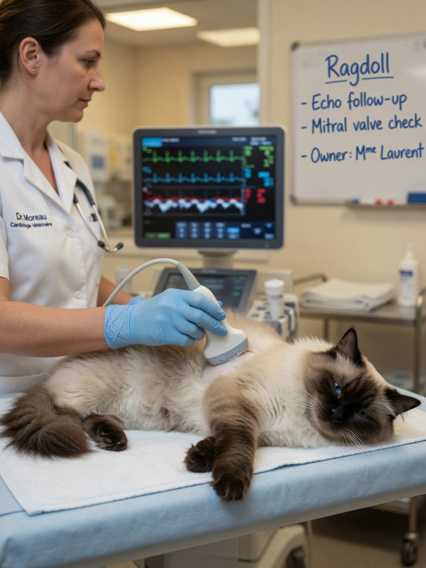 Veterinarian performing heart ultrasound echocardiogram on a blue-eyed Ragdoll cat with seal points during cardiac screening