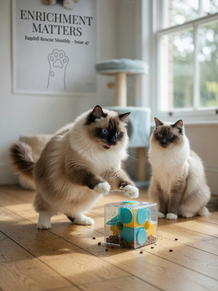 Active Ragdoll cat with seal points playing with an interactive puzzle feeder toy indoors to maintain healthy weight