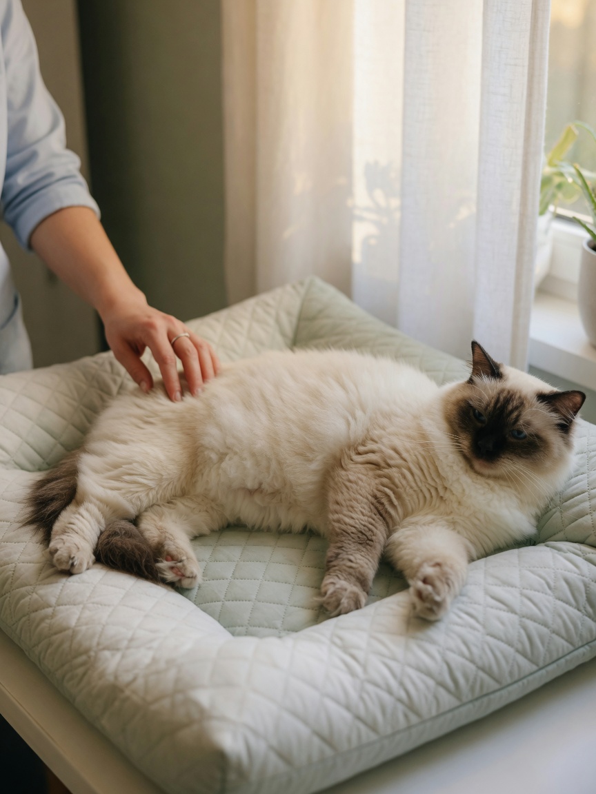 Large Ragdoll cat on orthopedic bed with veterinary joint assessment