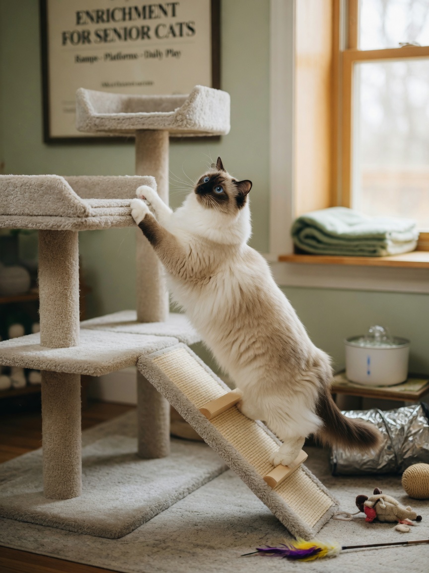 Ragdoll cat on multi-level climbing structure with ramps in enriched indoor environment