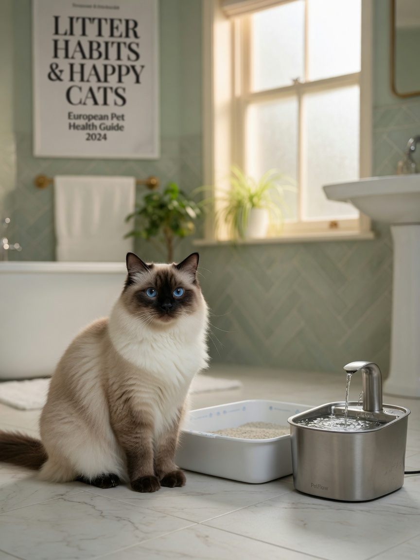 Ragdoll cat near litter tray and water fountain for bladder health prevention