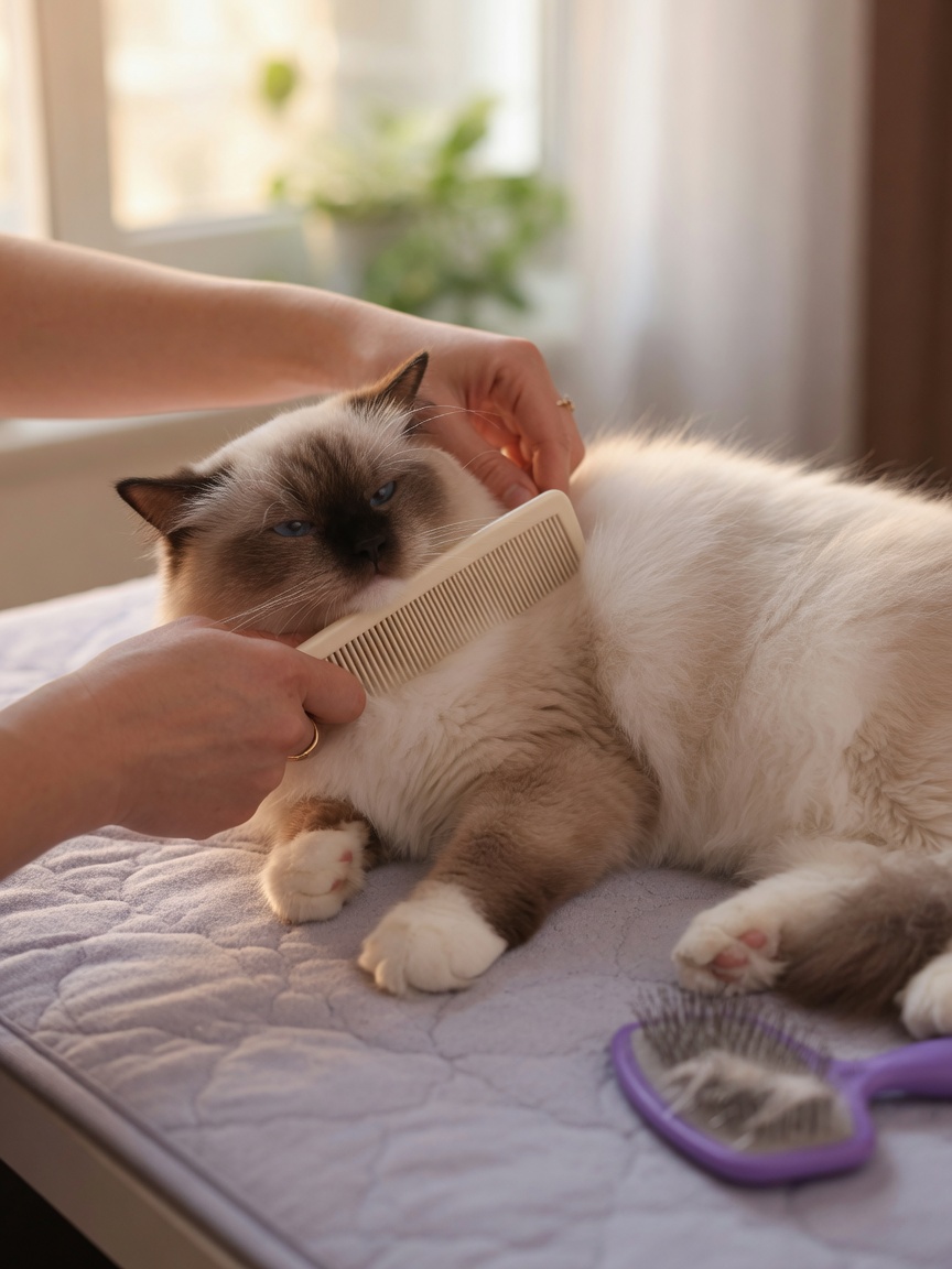 Owner brushing and comgrooming a Ragdoll cat's semi-long silky coat with comb and slicker brush