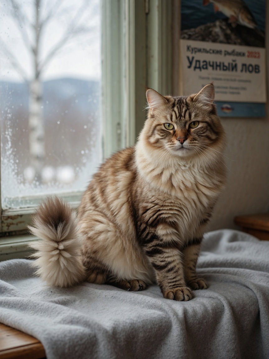 A Kurilian Bobtail cat displaying its signature fluffy pom-pom tail and muscular build