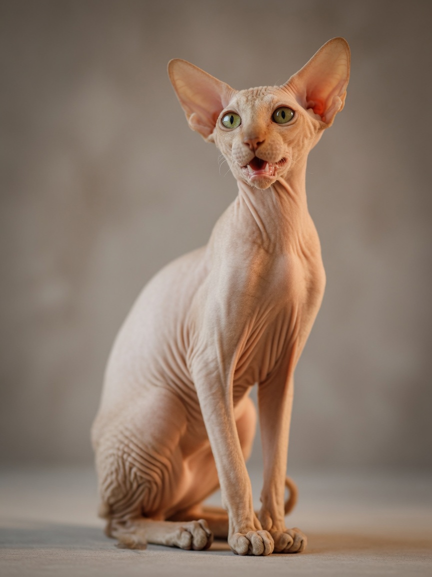 A hairless Peterbald cat with characteristic large ears and slender wrinkled body in an alert pose