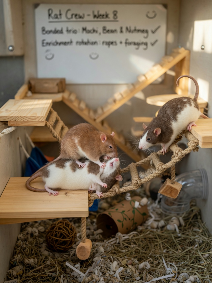 Three domestic rats socializing together on cage platforms, demonstrating social bonding and group activity.