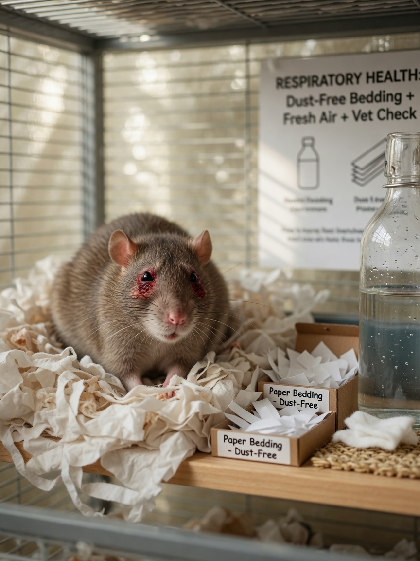 Domestic rat showing signs of respiratory disease with porphyrin staining around eyes and nose, resting on safe bedding.