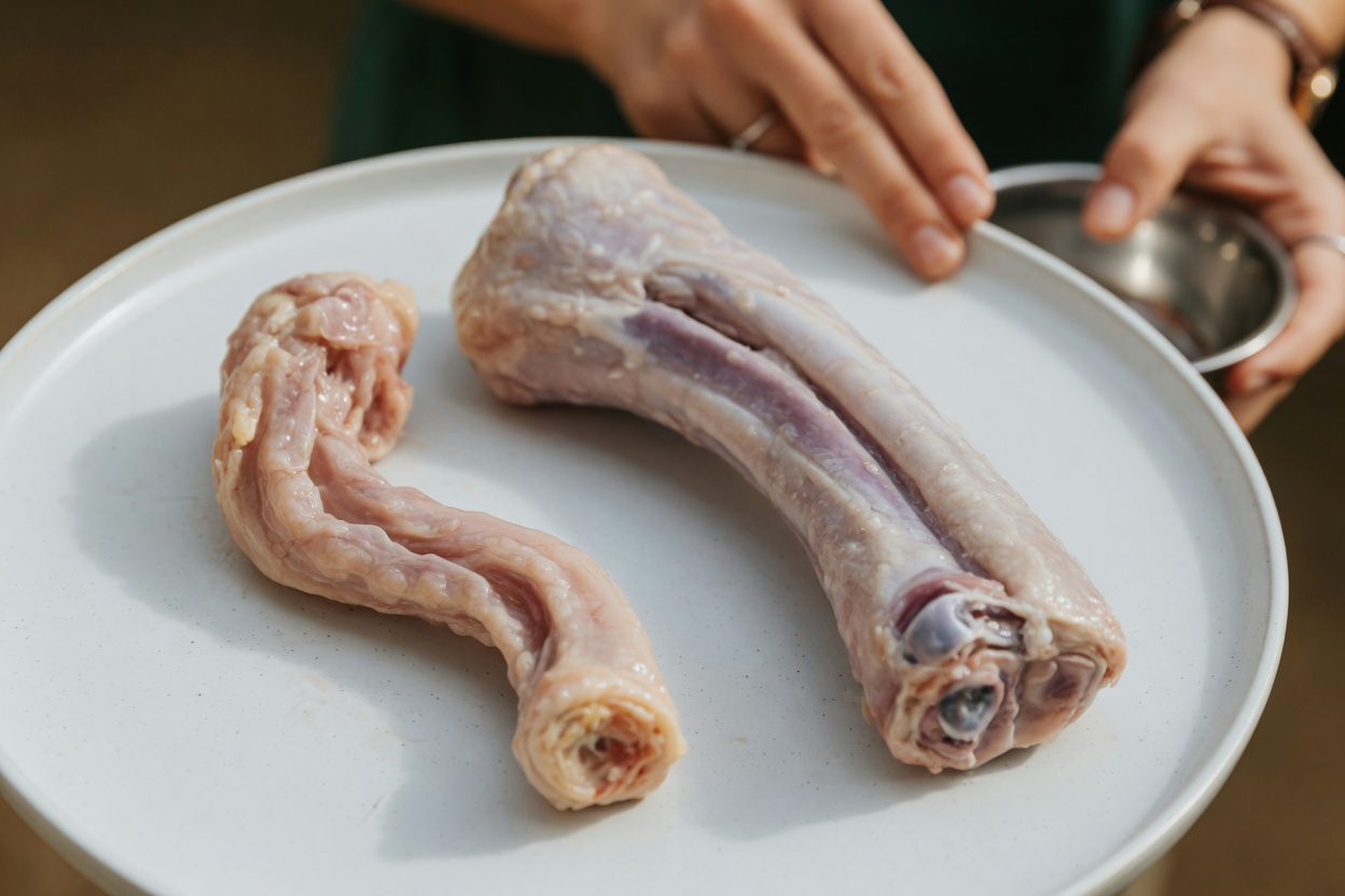 Raw chicken and turkey neck bones displayed on white plate showing safe bone options