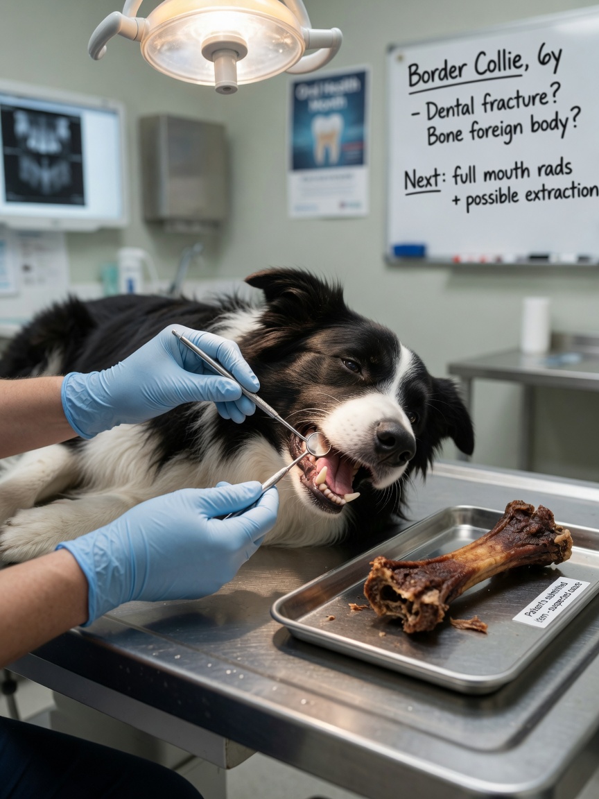 Veterinarian examining a Border Collie's tooth for fracture damage during dental assessment