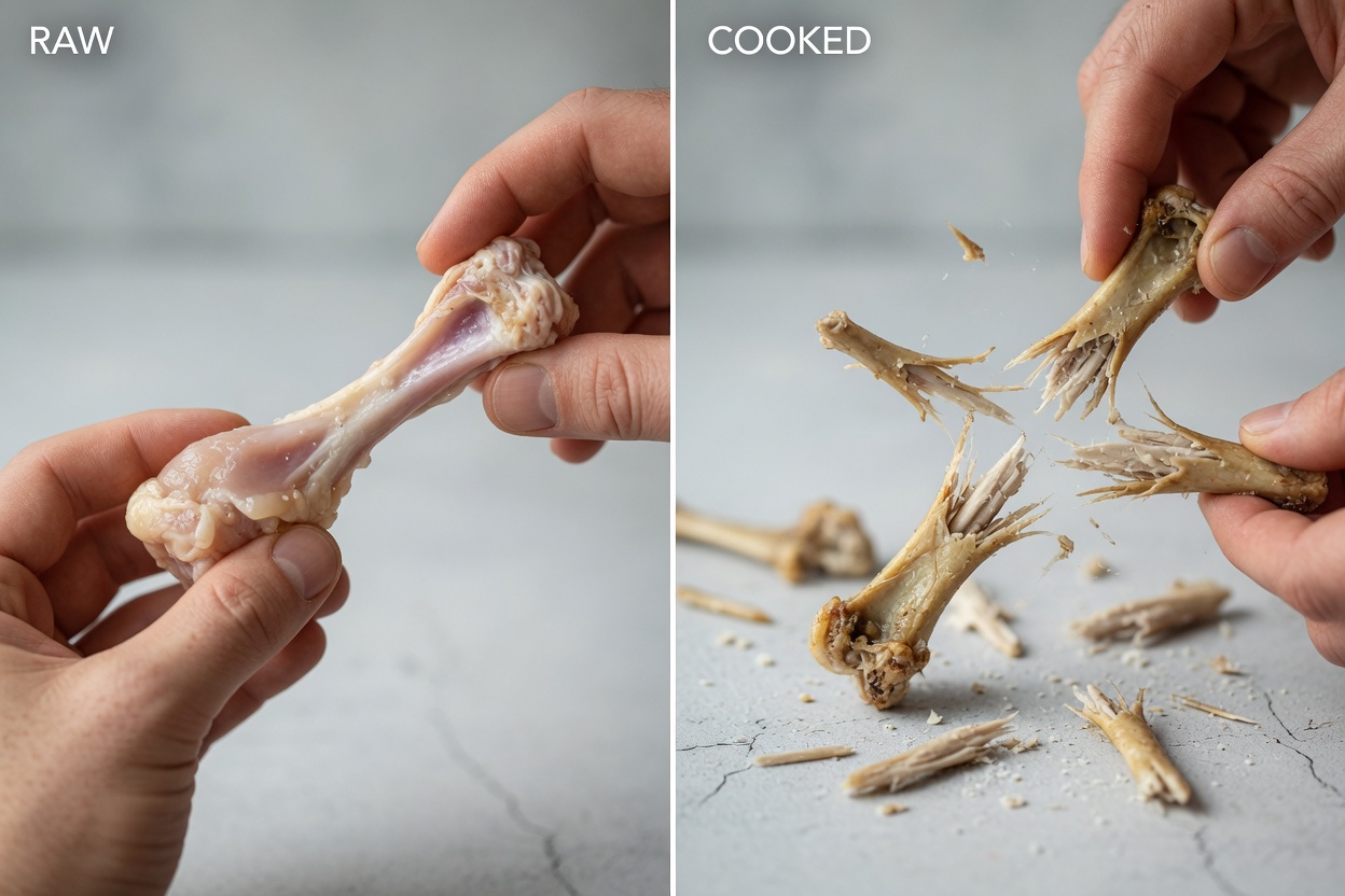Side-by-side comparison of raw flexible chicken bone and cooked brittle chicken bone shattering into sharp splinters