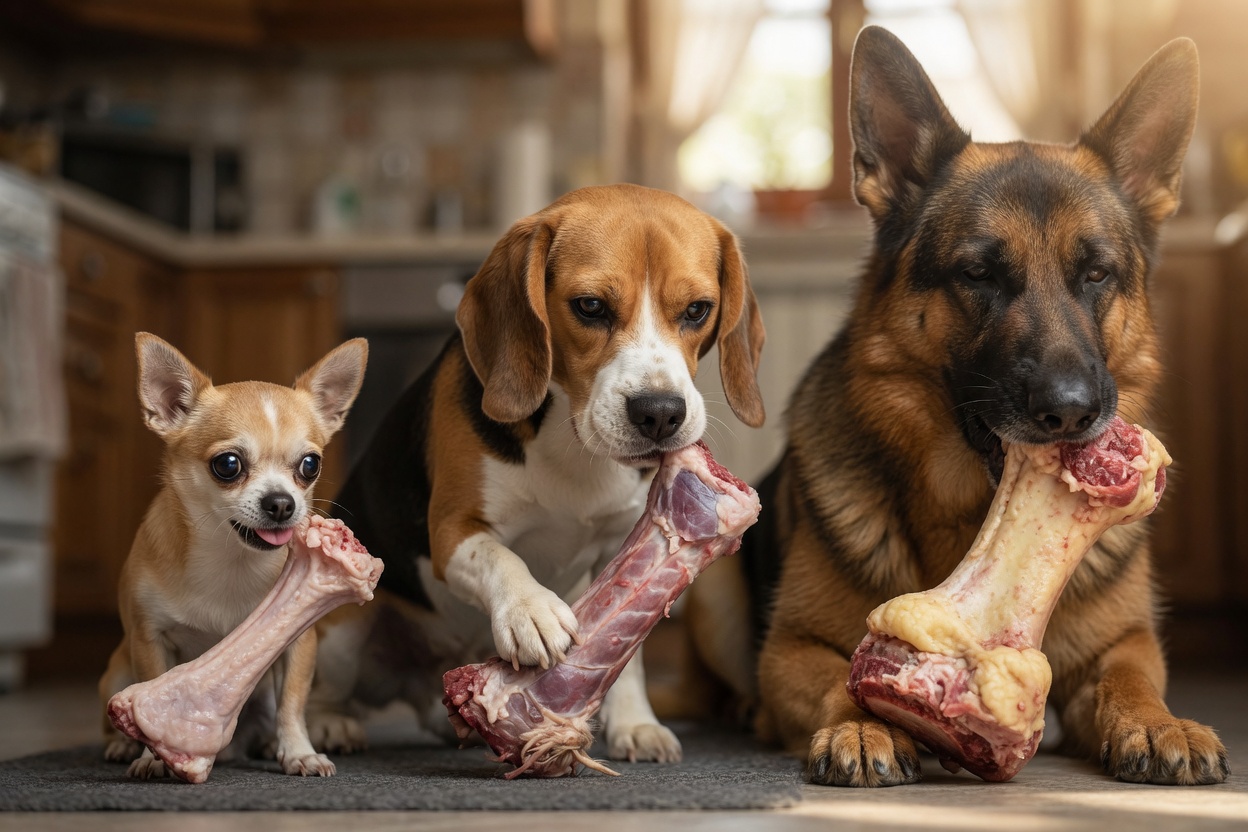 Three dogs of different sizes receiving appropriately-sized raw bones proportioned for their body size