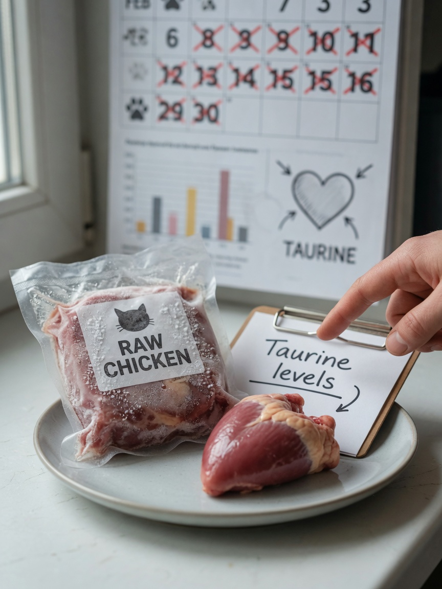 Frozen raw cat food package with frost crystals next to fresh raw chicken heart on a plate, showing storage and freshness comparison