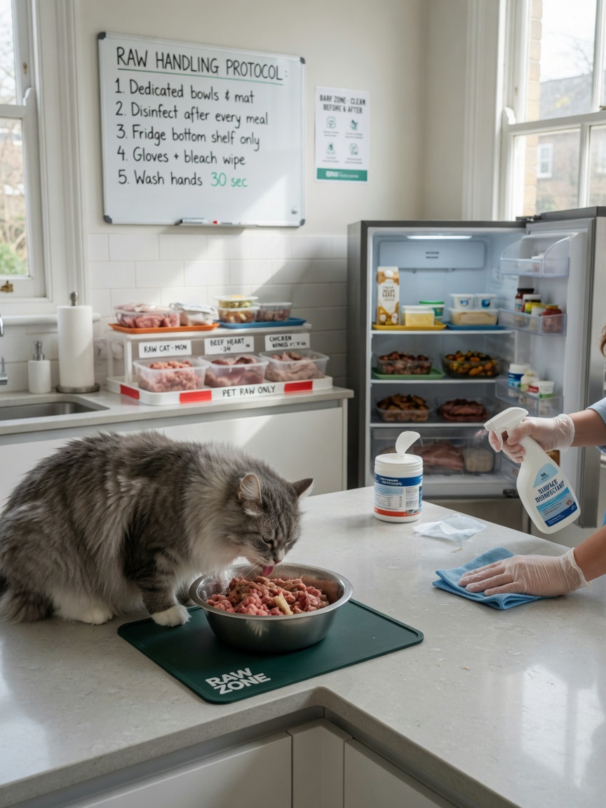 Cat eating from stainless steel bowl on dedicated mat while person in background practices proper hygiene by disinfecting kitchen surfaces