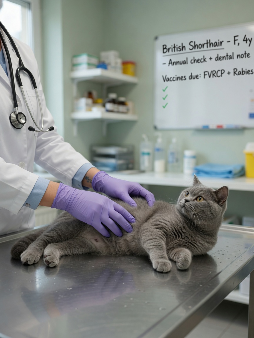 Veterinarian examining grey cat on examination table during parasite health check