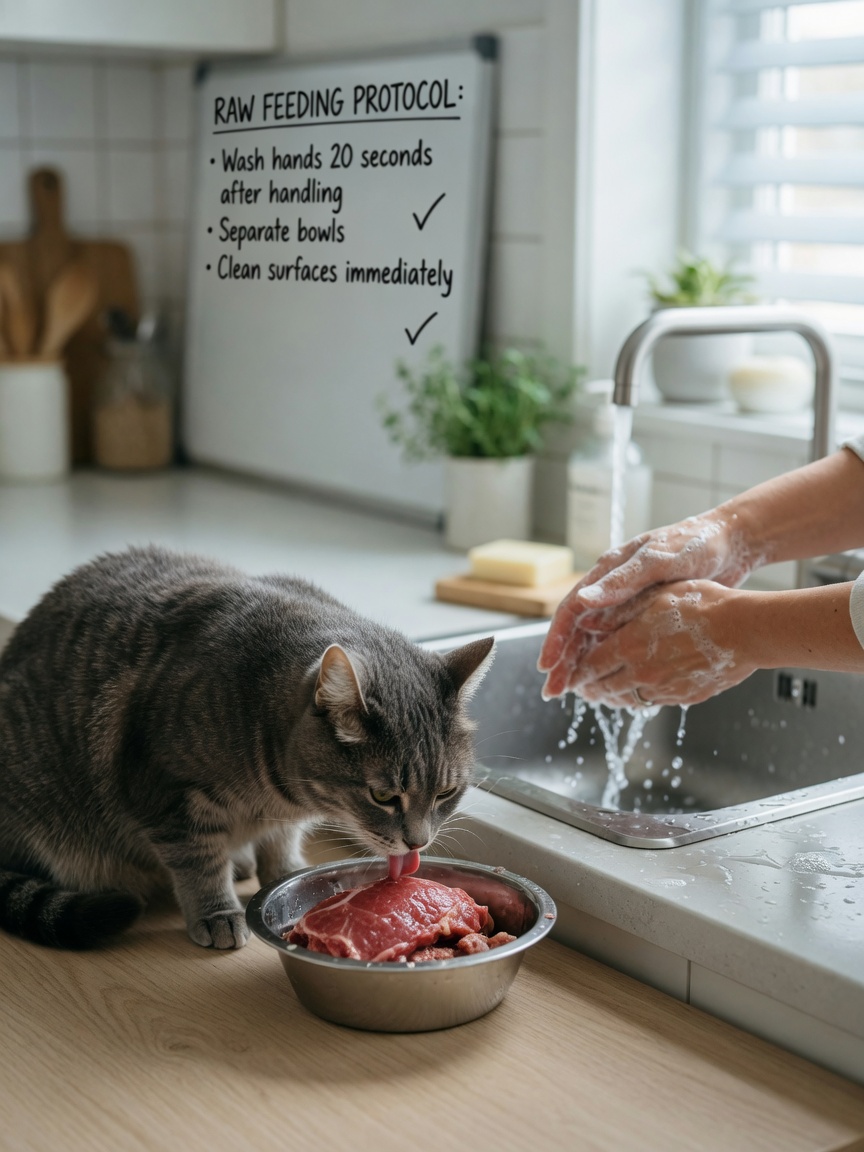 A cat eating raw food while the owner washes their hands carefully at a kitchen sink, illustrating hygiene precautions for handling raw pet food