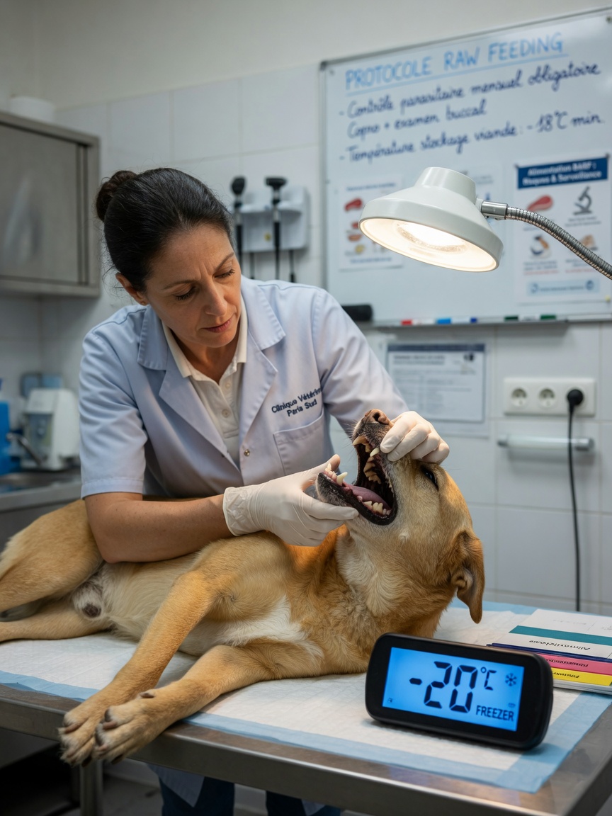 Veterinarian examining a dog for parasites during a health screening consultation