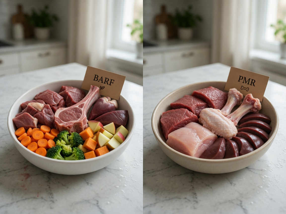 Two raw dog food bowls side by side showing BARF style with vegetables and PMR style with pure meat on clean kitchen counter in natural light
