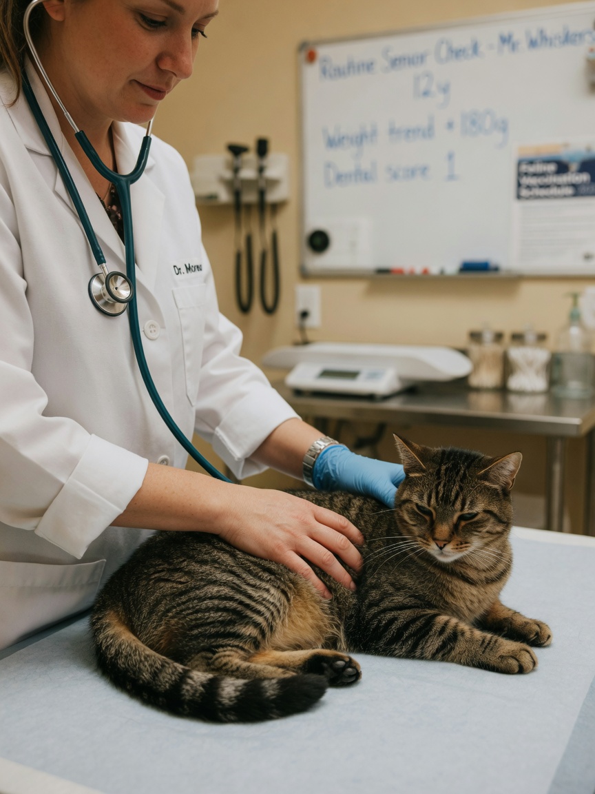 Veterinarian performing a thorough examination of a tabby cat during a wellness check-up