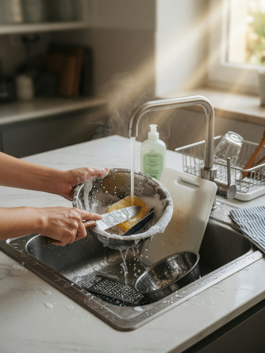 Proper hygiene practices with raw feeding bowls and utensils being thoroughly washed in a kitchen sink