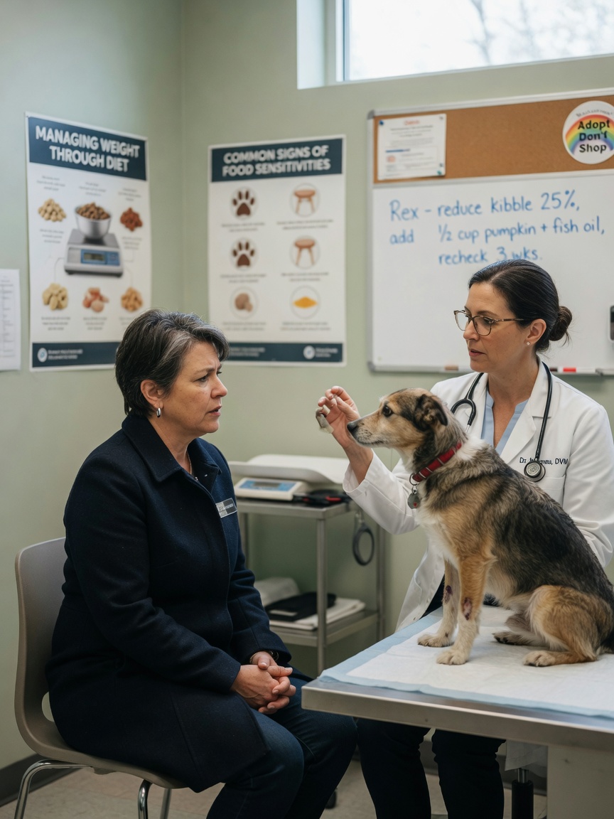 Veterinario consultando con un dueño de perro sobre preocupaciones dietéticas durante un examen