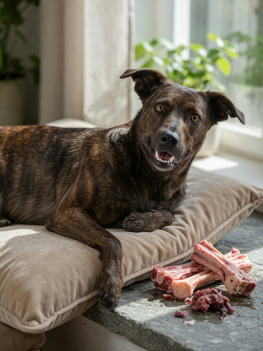 A healthy dog with a glossy coat and lean muscle definition resting near raw meaty bones