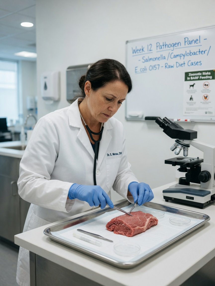 Veterinarian preparing raw meat samples for pathogen analysis in a clinical laboratory setting