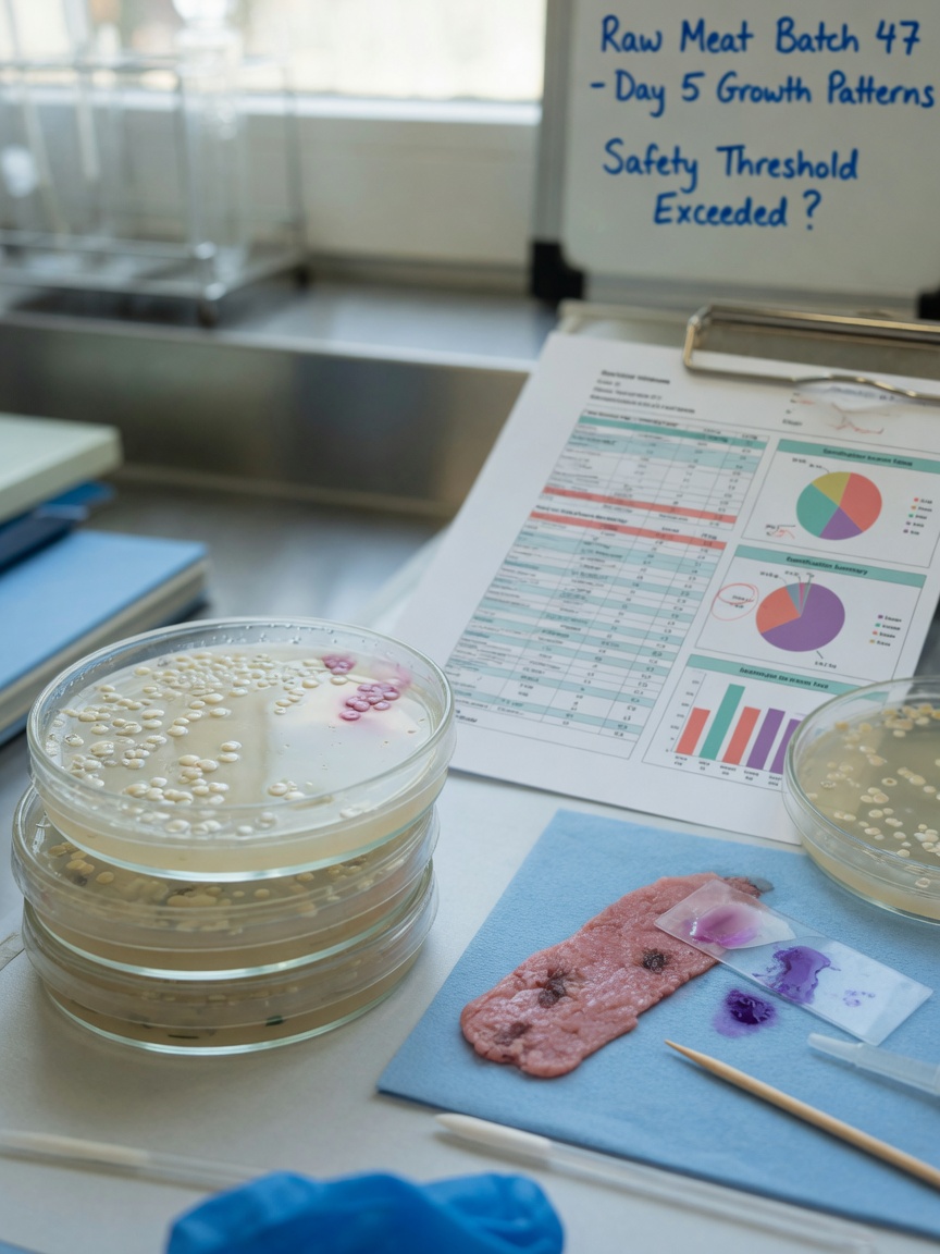 Scientific laboratory workspace with petri dishes showing bacterial colonies and microscope preparation materials for analyzing raw meat samples, representing peer-reviewed research on pathogenic bacteria.