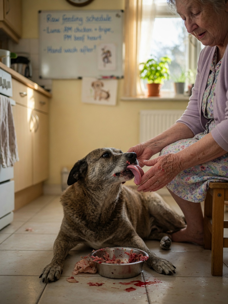A young child or elderly person sitting close to a dog immediately after the dog has eaten raw meat, showing the intimate contact pathway for bacterial transmission between pet and vulnerable human household members.