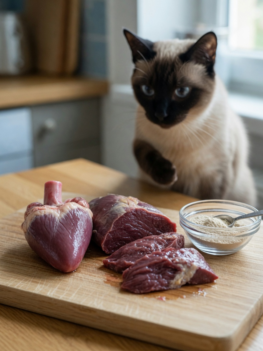 Raw chicken heart and muscle meat on a cutting board with taurine supplement and a watching cat