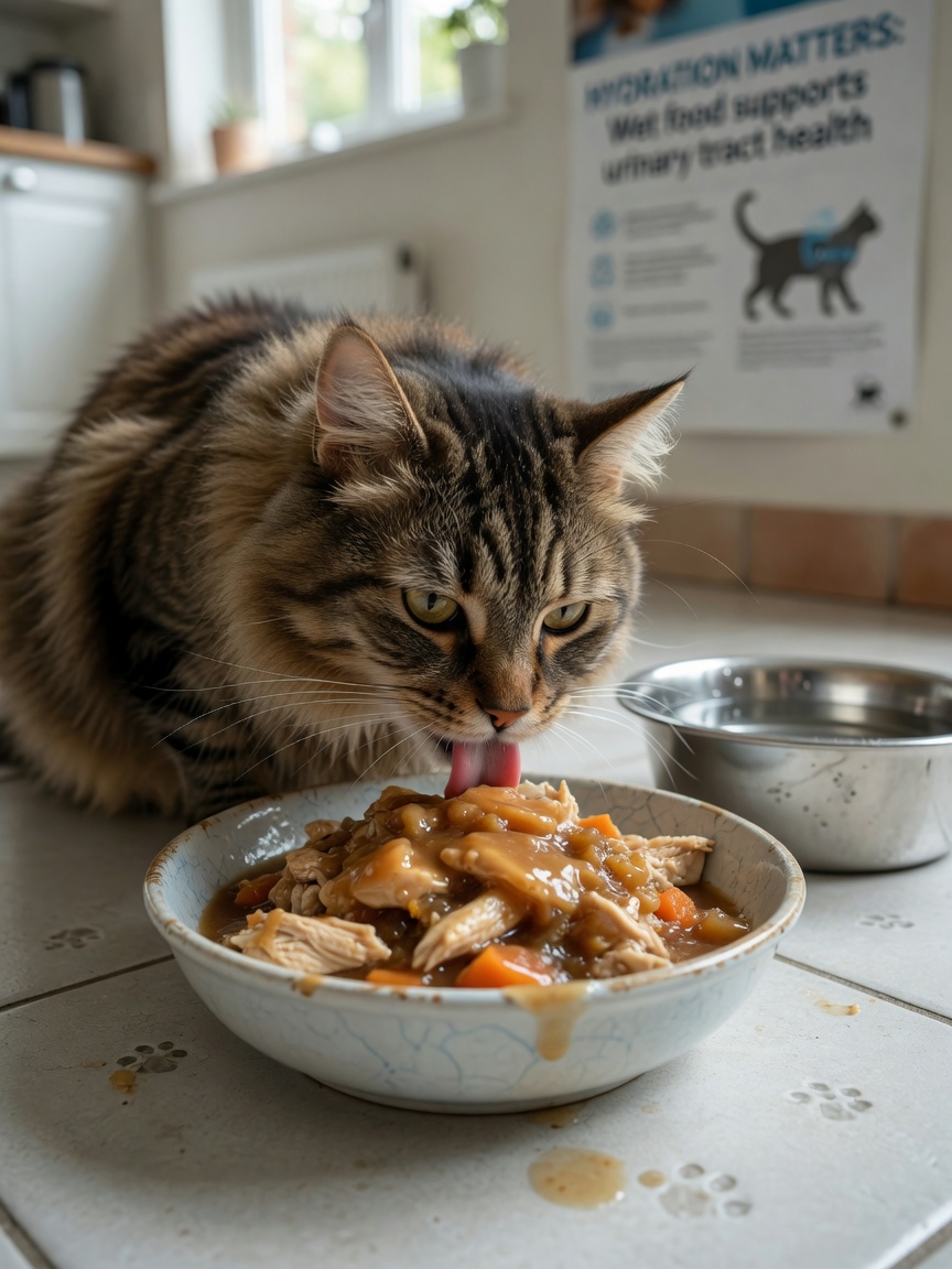 A cat eating wet food from a ceramic bowl with water bowl nearby in natural kitchen light