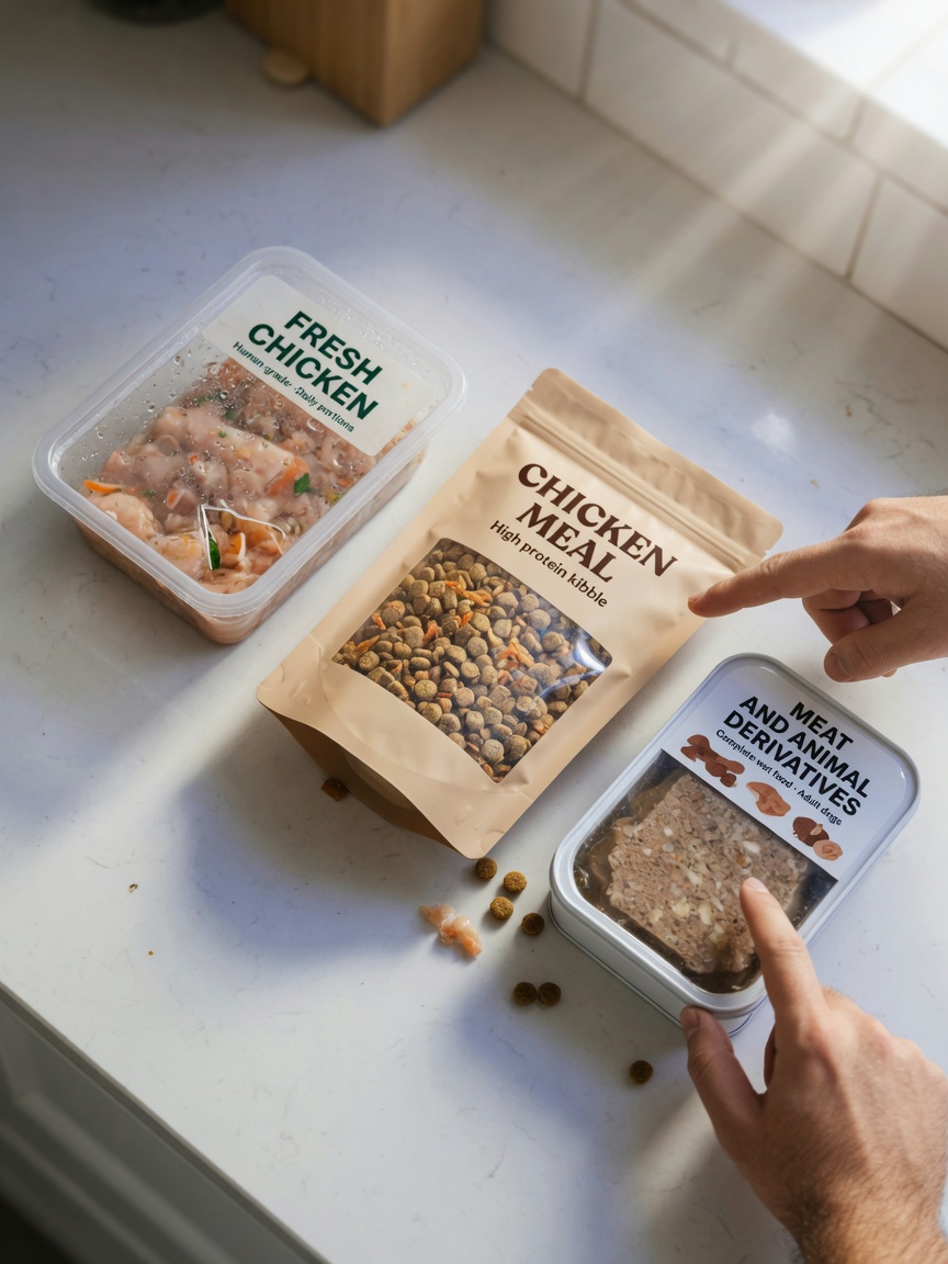 Comparison of different dog food containers showing fresh chicken, chicken meal, and generic ingredients