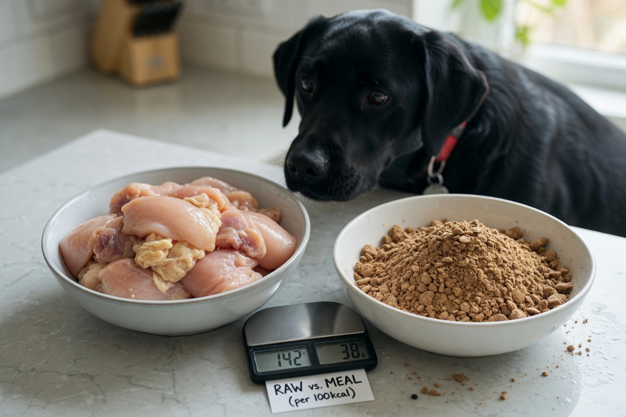 Comparison of fresh chicken versus chicken meal in bowls showing difference in moisture and texture