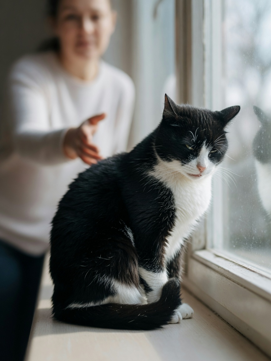 Black and white cat sitting alone on a windowsill, withdrawn and showing subtle pain indicators including narrowed eyes and back-pinned ears
