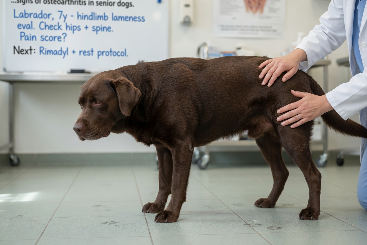 Brown Labrador standing with subtle pain posture: arched back, uneven weight distribution, lowered head carriage, and tense facial expression during veterinary examination