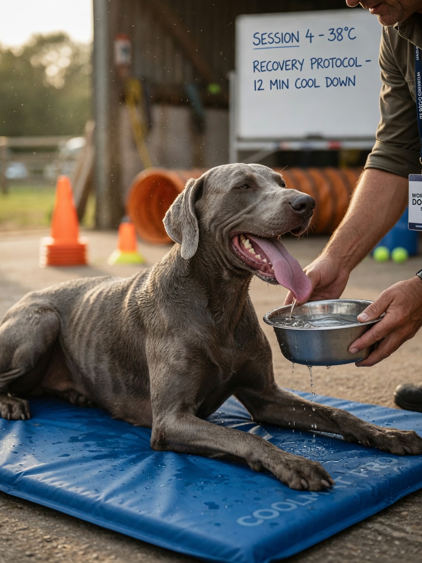 Sporting dog in recovery state after intense work, showing visible signs of physical exertion and elevated breathing
