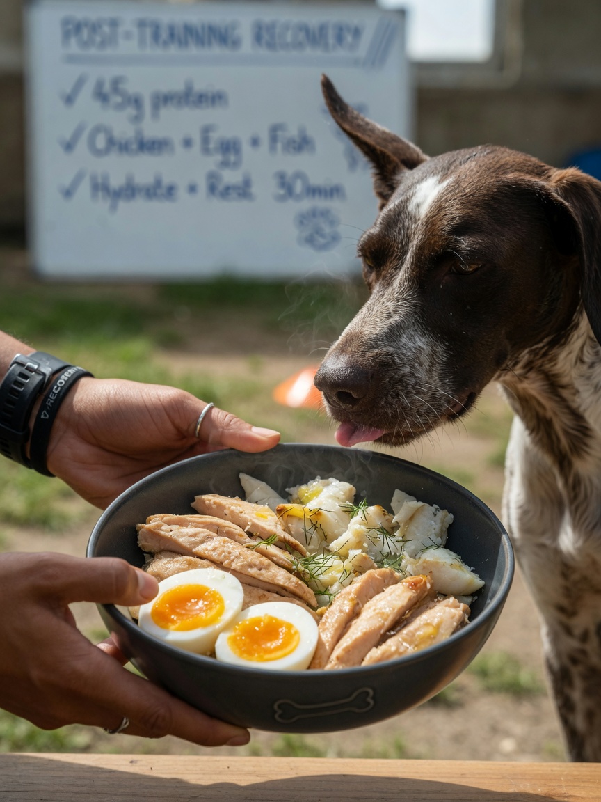 Protein-rich recovery meal with egg, chicken, and fish positioned for sporting dog post-exercise nutrition