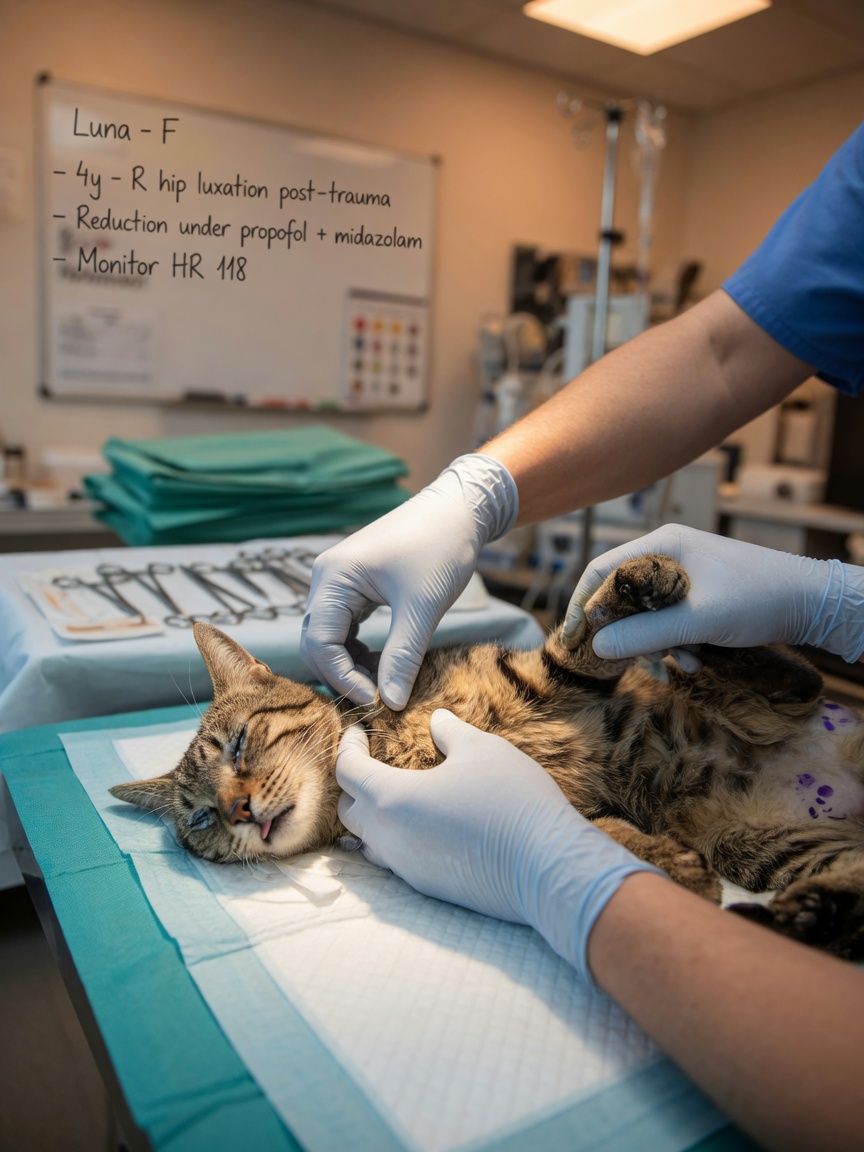 Tierarzt führt manuelles Repositionierungsverfahren an anästhesierter Katze während der Rektalproblaps-Behandlung durch