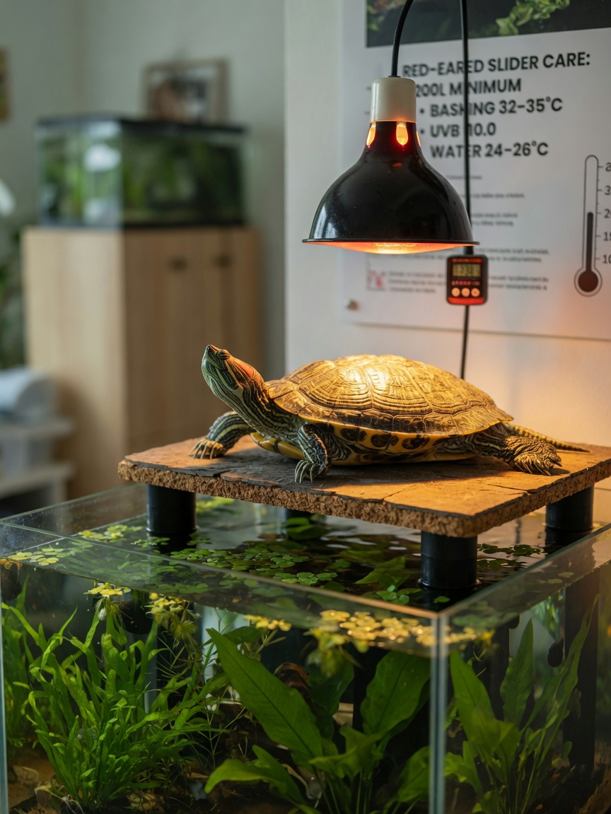 Tortuga de orejas rojas asoleándose en una plataforma seca sobre un acuario de tamaño adecuado con profundidad de agua suficiente