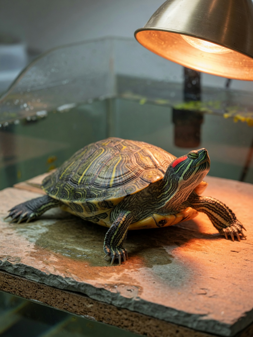 Tortuga de orejas rojas asoleándose directamente bajo una lámpara de calor en una plataforma seca, demostrando iluminación UVB y térmica adecuada