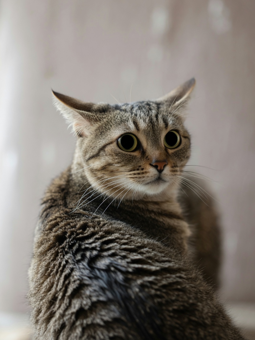 Close-up of cat's face displaying warning signs: dilated pupils, rippling fur, tense expression, and intense focused stare indicating high arousal state