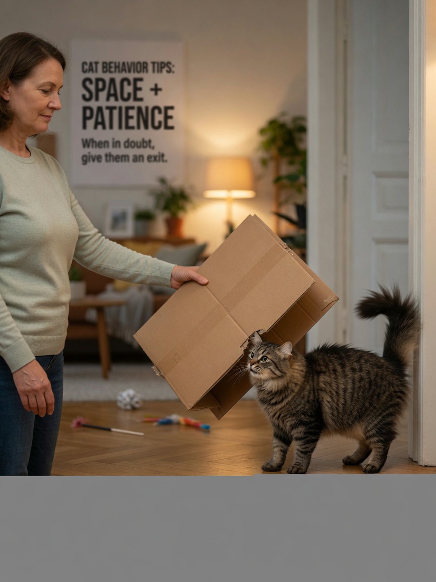 Owner using a cushion as a safe barrier to gently guide an agitated, aroused cat away during a redirected aggression episode